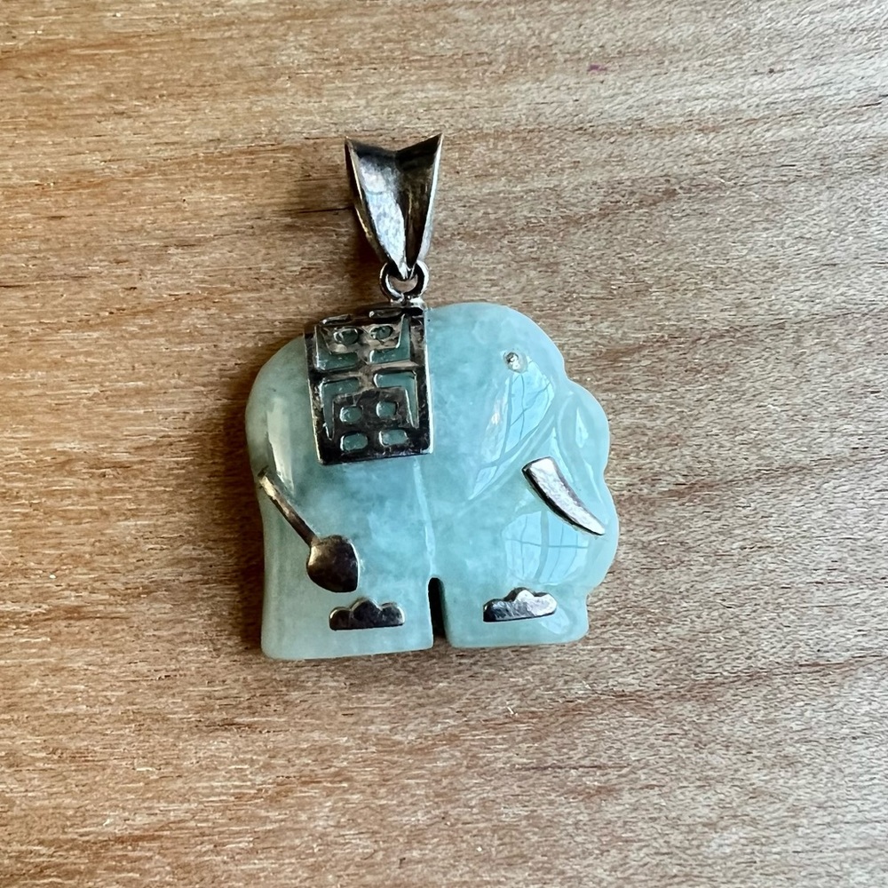 925 Sterling silver and green jade elephant pendant